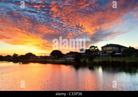 Large lakeside houses at sunset in affluent South Perth, Western Australia. Stock Photo