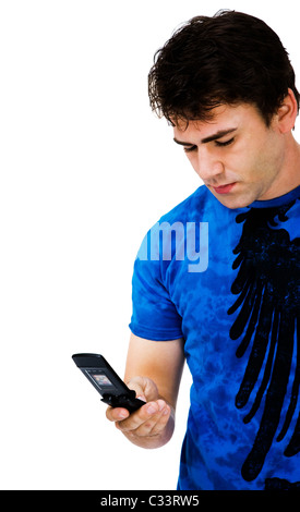 Handsome man text messaging on a mobile phone isolated over white Stock Photo