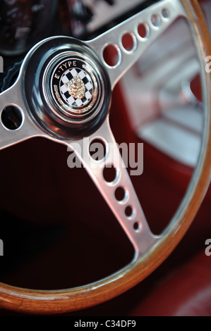 Close up of steering wheel of a Jaguar E Type vintage british sports car Stock Photo