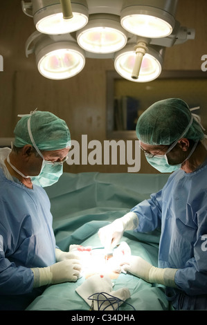Two doctors performing surgery in hospital operating room Stock Photo