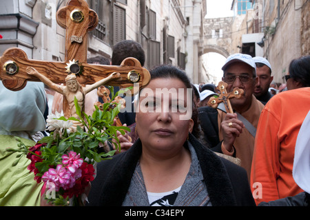 Good Friday processions along the way of the cross (Via Dolorosa) in the Old City of Jerusalem Stock Photo