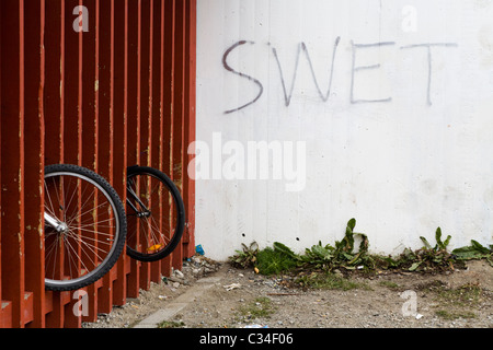 Bikes at a primary school. Qaqortoq (Julianehåb), South Greenland Stock Photo