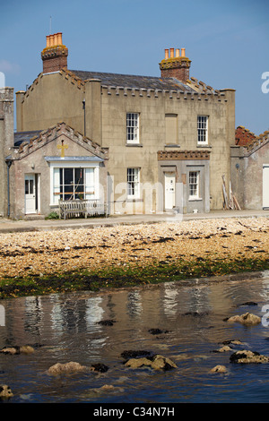 Buildings on approach to Brownsea Island located in Poole Harbour in April taken from ferry Stock Photo