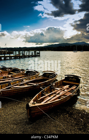 Tied up rowing boats on the shore at Waterhead, Windermere, Cumbria. Stock Photo