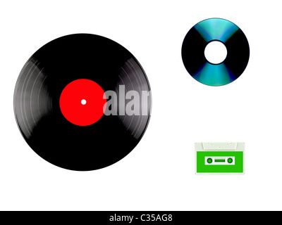 A vinyl records, compact disc and cassette isolated against a white background Stock Photo