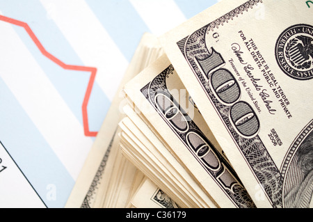 dollars with document showing financial profits Stock Photo