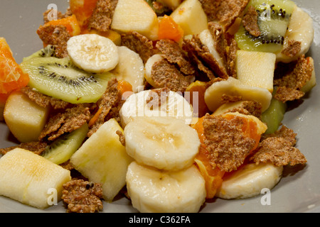 Vibrant fresh Fruit salad and bran flakes. Stock Photo