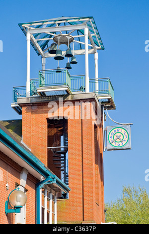 Winchester City , ancient capital of Wessex , modern or contemporary bell tower & clock by Mall or shopping centre or center Stock Photo