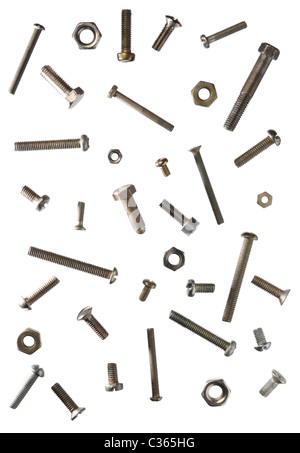 Abstract artistic background of assorted screws bolts and nuts isolated on white Stock Photo