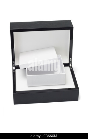 Open gift box in a black hard case on white background Stock Photo