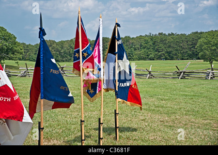 Union and Confederate battle flags posted outside the Henry House, Manassas National Battlefield. Stock Photo