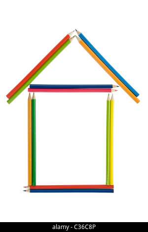 house made from colored pencils on a white background Stock Photo
