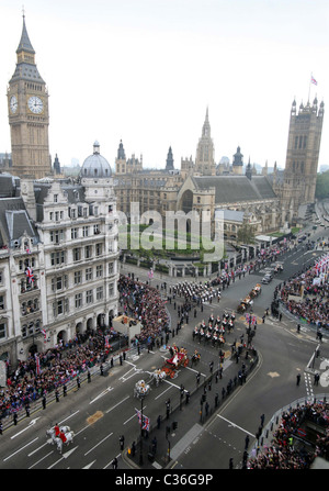 Prince William and his new bride Kate Catherine Middleton ride into Whitehall after the wedding service at Westminster Abbey. Stock Photo