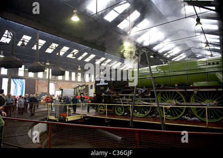 Steam engine 'Tornado' on the turntable at Barrow Hill Roundhouse, UK Stock Photo