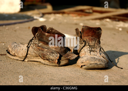 front view from pair of old boots Stock Photo