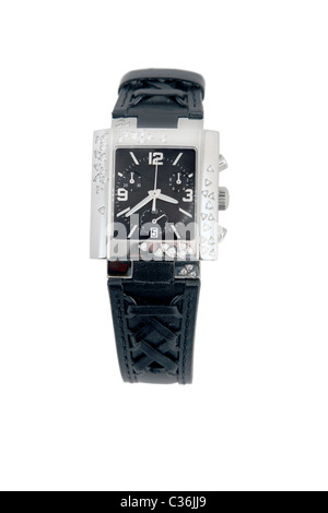 front view of black leather and white gold watch Stock Photo