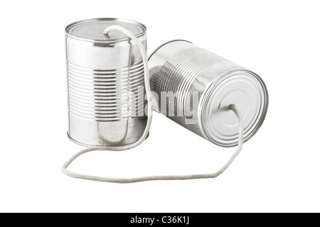 A pair of tin cans on a string used by kids to talk back and forth ...