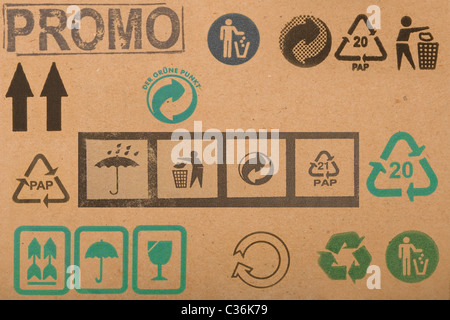 different symbols from cardboard boxes, information labels Stock Photo