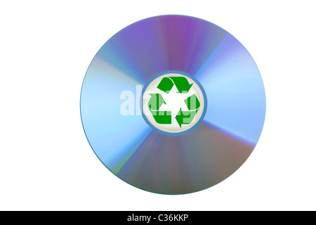 blank CD or DVD on white background with recycle sign Stock Photo