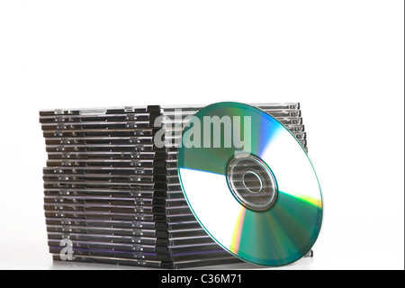 tower of cd dvd case on white background Stock Photo
