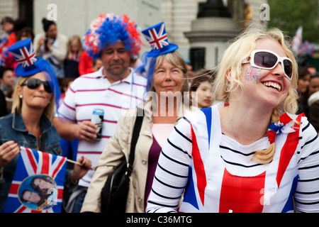 Revelers gather in Trafalgar Square in Central London to celebrate the Royal Wedding of Prince William and Kate Middleton Stock Photo