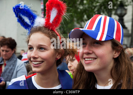 Revelers gather in Trafalgar Square in Central London to celebrate the Royal Wedding of Prince William and Kate Middleton Stock Photo