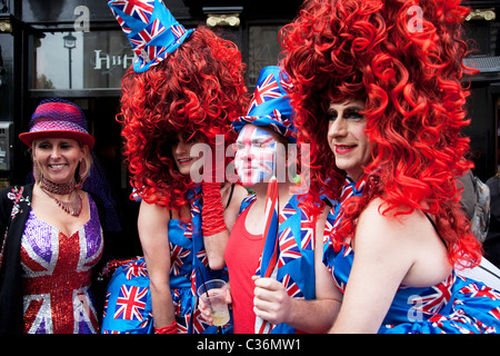 Revelers gather in Trafalgar Square in Central London to celebrate the Royal Wedding of Prince William and Kate Middleton Stock Photo