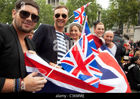 Revelers gather in Trafalgar Square in Central London to celebrate the Royal Wedding of Prince William and Kate Middleton Stock Photo