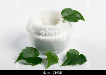 front view of cosmetic cream with green leaves Stock Photo