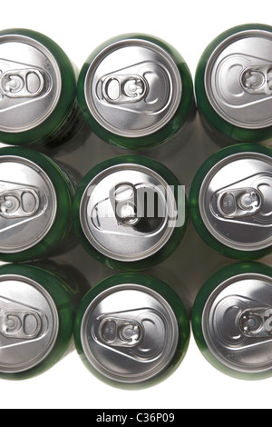 Macro shot of the tops of a bunch of aluminum cans with opened one Stock Photo