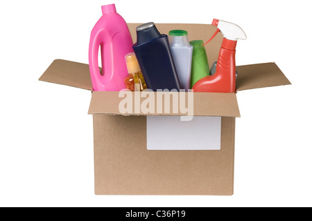 cleaning products in cardboard box on white background Stock Photo