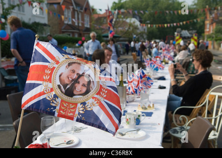 Royal Wedding Street Party. Barnes London. Prince William and Catherine Kate Middleton souvenir Union Jack Flag. April 29 2011. HOMER SYKES Stock Photo