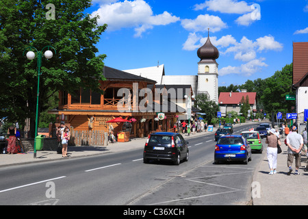 main street with restaurants and pubs. Karpacz former german city Krummhübel Karkonosze, Poland europe Stock Photo