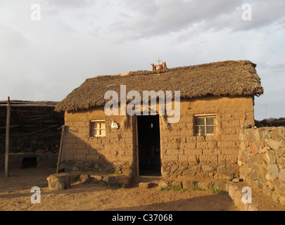 Farmhouse in puno with cross and animals of stone like gods on the thatched roof protecting the stone house, Peru Stock Photo