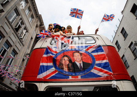 Bus in Old Compton Road during Royal Wedding in London on 29-04-2011. Stock Photo