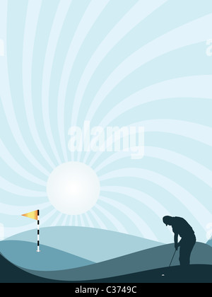 Blue silhouette of golfer playing at sunset, with rolling hills and sunburst sky Stock Photo