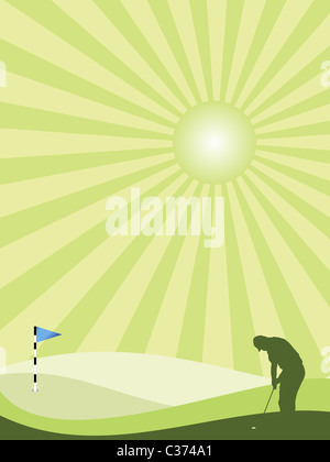 Golfer silhouette in green rolling countryside with sunburst sky Stock Photo