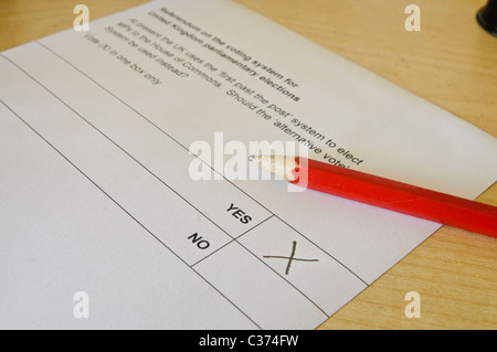 Ballot paper for the Alternative Vote, marked "Yes" Stock Photo
