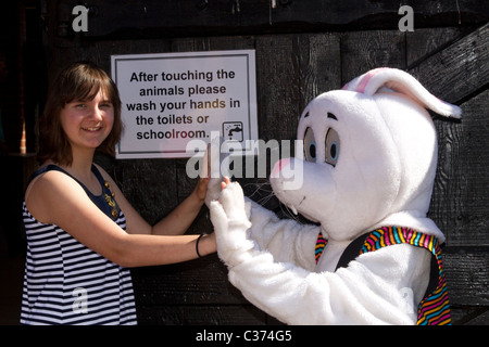Please wash your hands sign  People at the Petting Farm at Tatton Park, Manchester UK   Mascot Rabbit figure greeting visitors. Stock Photo