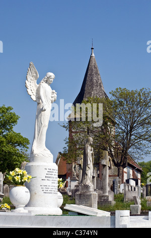 Chapel and angel statue in cemetery at Downs Crematorium, Brighton. East Sussex, England, UK Stock Photo