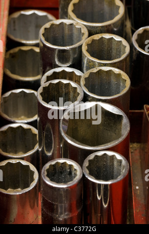 Close-up macro photograph of a mechanic's tools in a tool box Stock Photo