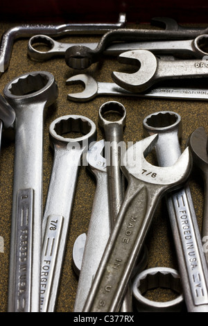 Close-up macro photograph of a mechanic's tools in a tool box Stock Photo