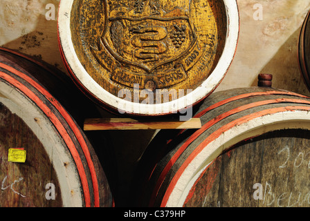 Wine cellar, barrels close-up, Zakarpattia province, western Ukraine Stock Photo