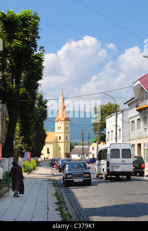 Street in Svaliava City Centre, Western Ukraine Stock Photo