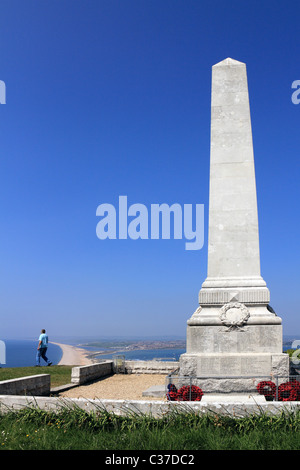 View of Chesil Beach, Fortuneswell and the harbour from the War Memorial at Portland, Weymouth, Dorset, England UK Stock Photo