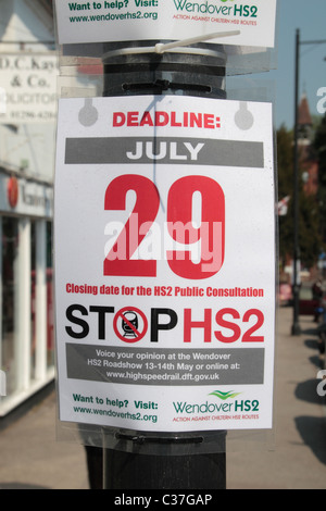 Anti High Speed 2 (HS2-proposed railway) poster with public consultation deadline date in Wendover, Buckinghamshire, UK. Stock Photo