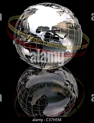 3d render of chrome globe with binary code Stock Photo