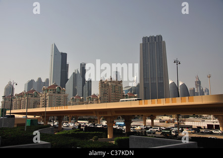 View of city and Doha Street overpass, Downtown Dubai, Shopping Centre, Dubai, United Arab Emirates Stock Photo