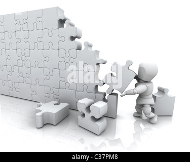 3D render of a man solving a jigsaw puzzle Stock Photo