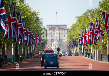 View down The Mall towards Buckingham Palace with Union flags lining the Royal Wedding route in central London. Stock Photo